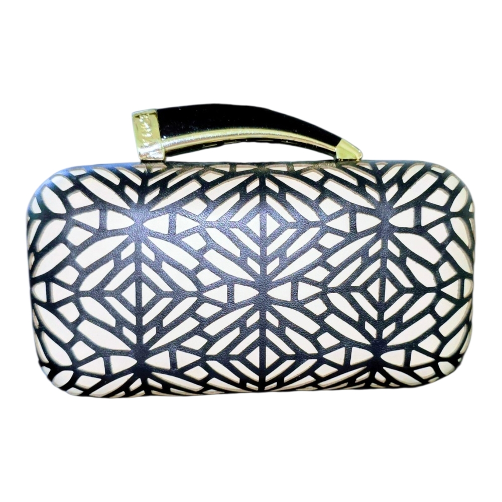 Vince Camuto Black & Cream Geometric Hard-Frame Clutch with Gold Handle